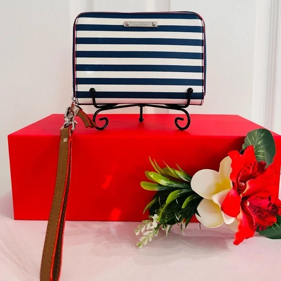STELLA & DOT ~ Navy and White Striped Wristlet w/Red Trim Tan Strap and Interior - Picture 5 of 8